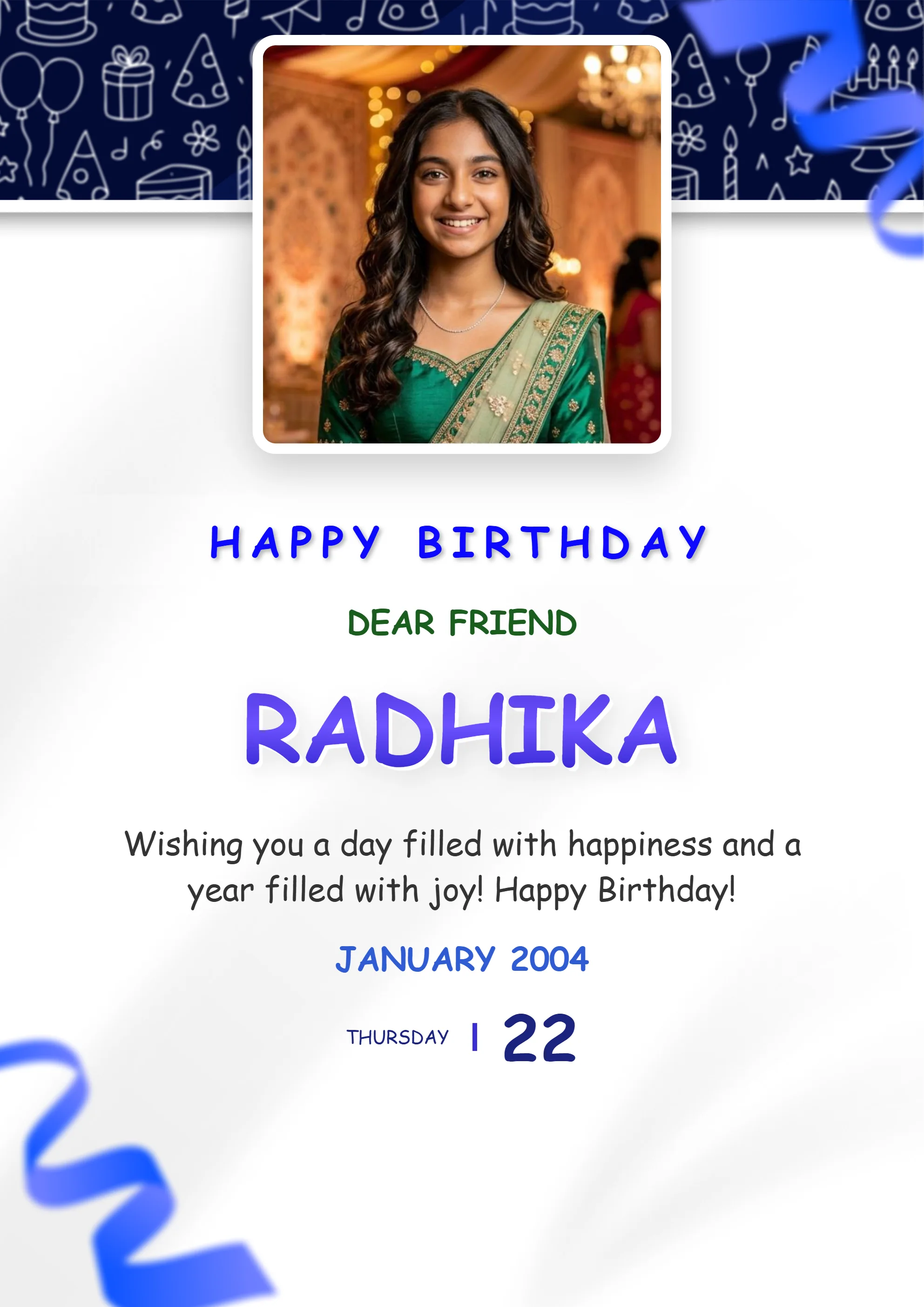 Elegant floral happy birthday greeting wish poster with photo frame for her