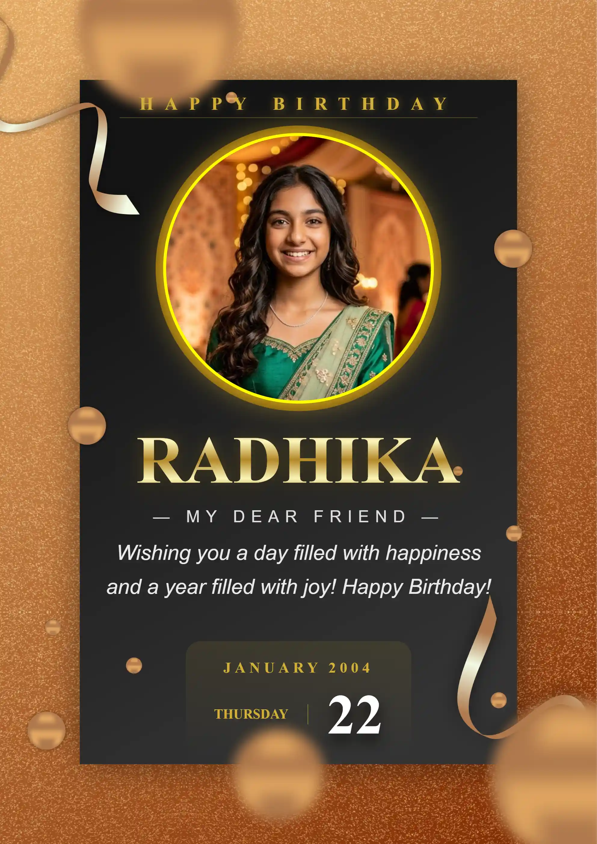 Stylish gold and black celebration birthday wish design with photo