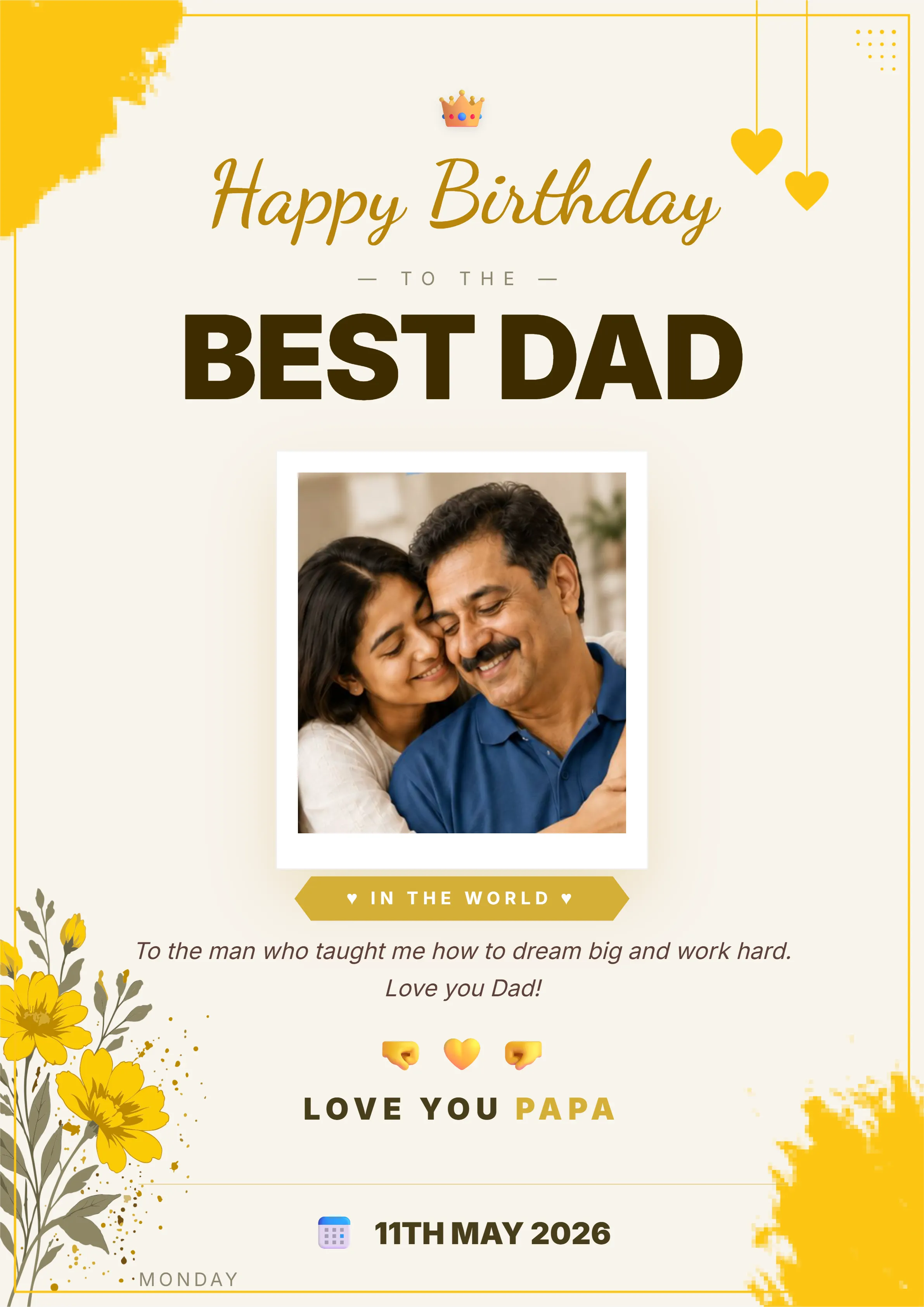 yellow happy birthday dad card maker online template with watercolor texture and polaroid frame