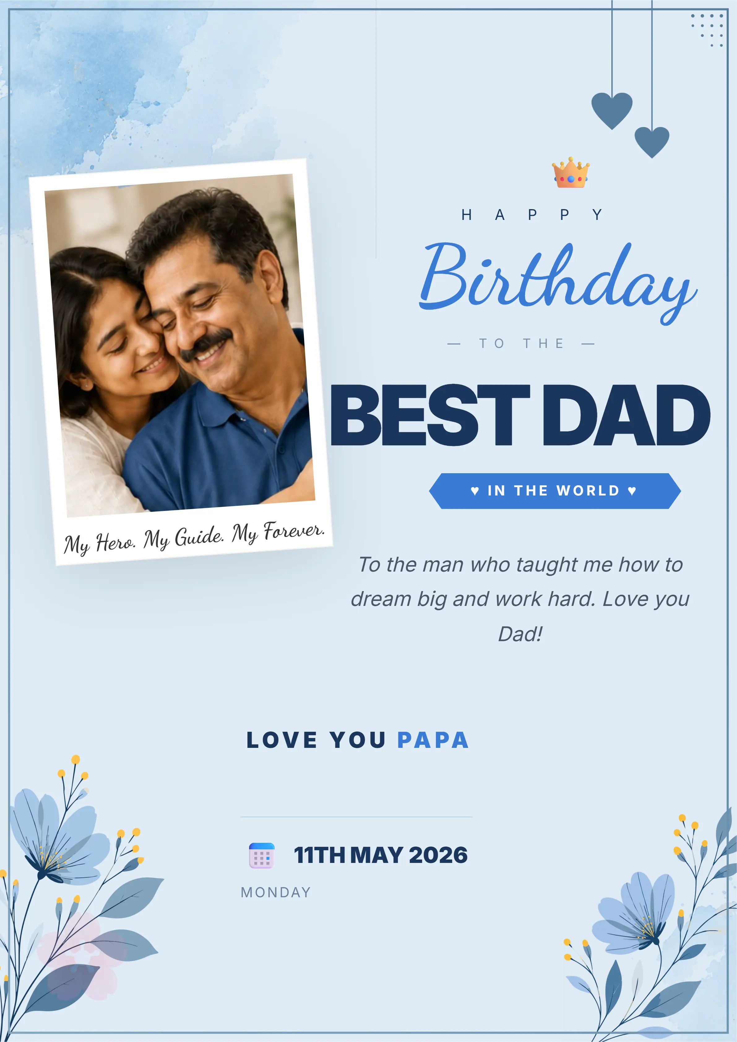 blue happy birthday papa photo card template for father birthday greeting and wishes online