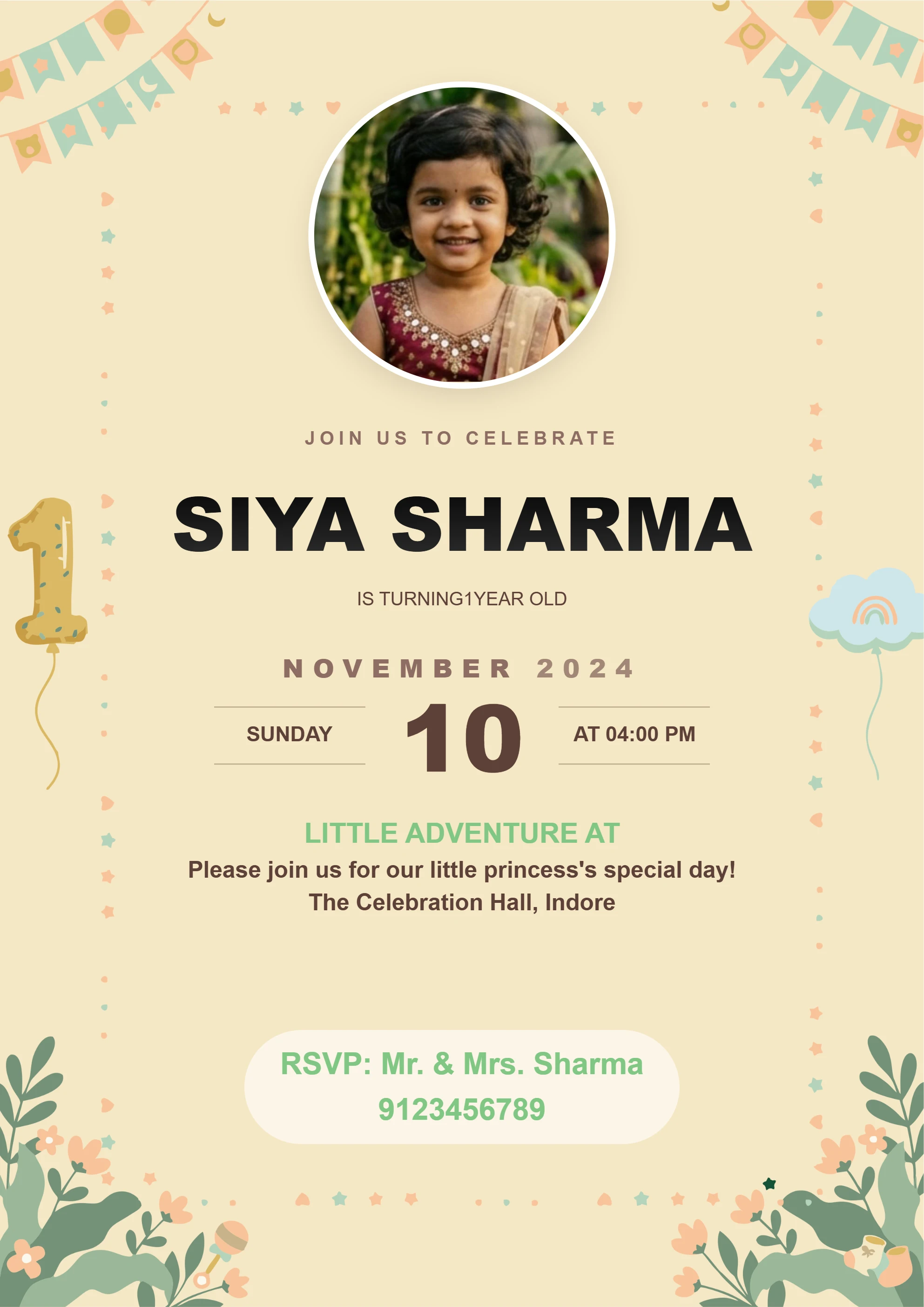 Minimalist pastel floral nursery theme 1st birthday invitation card for baby girl