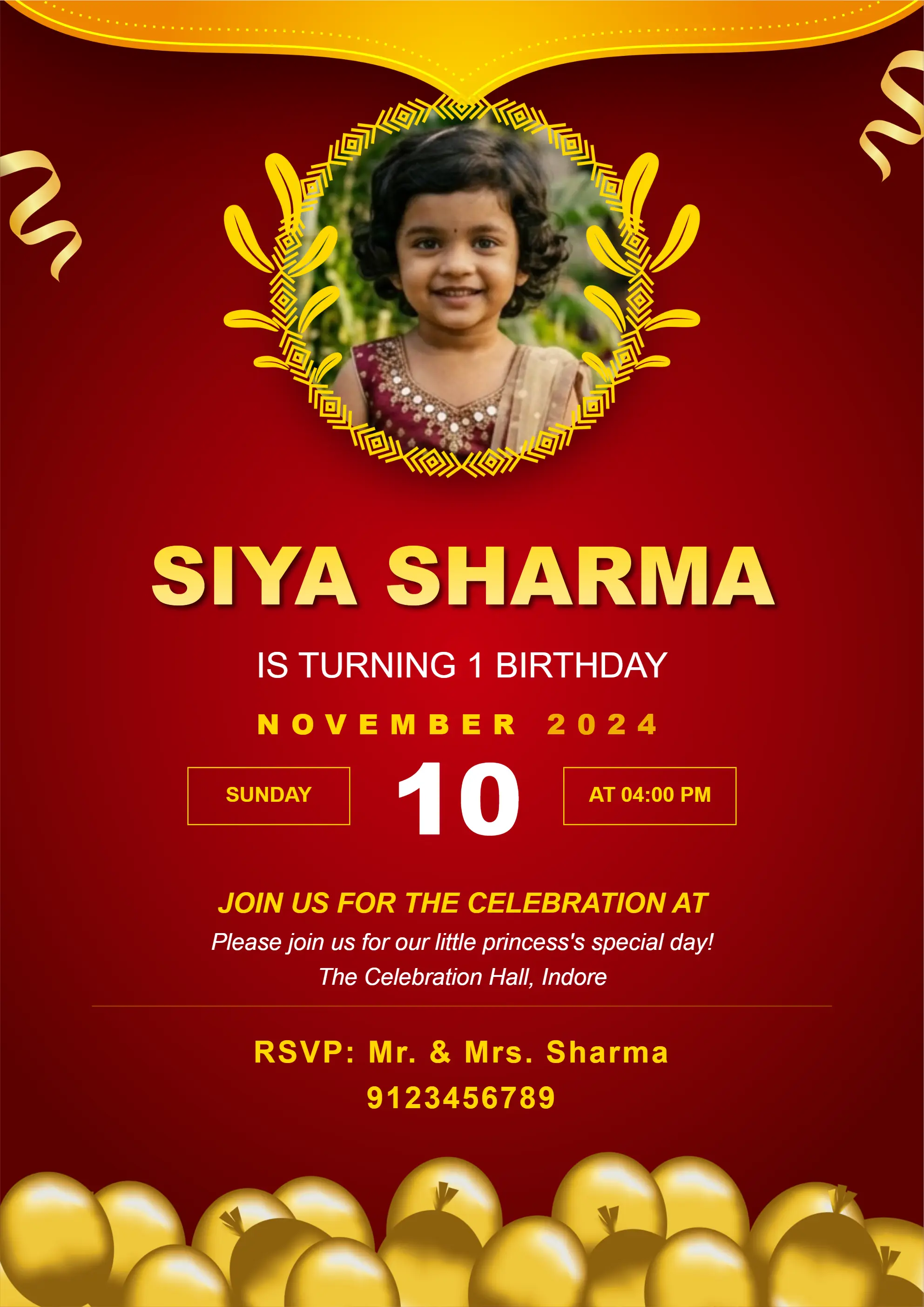 Luxury royal red and gold birthday invitation card with balloons for grand celebration